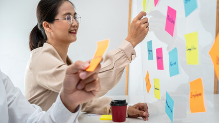 Poster - Two business people holding keyword in notes on a glass wall to brainstorm about new business project for planning marketing plan together in office