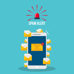 Spam. Spamming concept, a lot of emails on the screen of a smart phone. Email box hacking, spam warning. Vector illustration.	