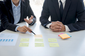 Poster - Wealth Management and financial concept, Team of Business accounting analyzing and calculation on valuation data investment fund and looking at report, sticky note paper and having a discussion