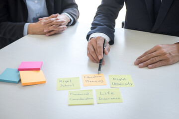 Poster - Business team executive accounting analyzing and calculation on valuation data investment fund looking at report, sticky note paper and having a consultation, Wealth Management and investment concept