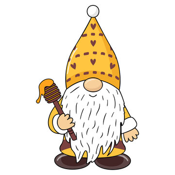 Gnome with a spoon for honey in his hands. Dwarf bees. Garden gnome with beehive and bees. Honey farms. Types of bees. Spring elves with hats. Vector illustration for kids.