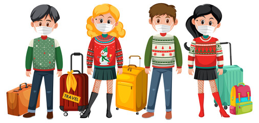 Sticker - Set of different people wearing mask with luggage