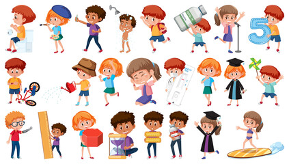set of children doing different activities on white background