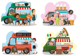 Wall Mural - Flea market concept with set of different food trucks