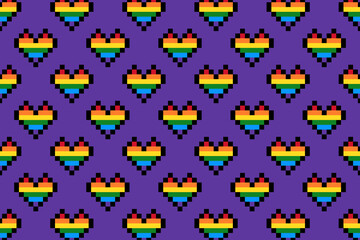 Rainbow heart pixel art seamless pattern LGBTQ