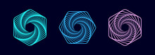 Set Of Abstract Swirling Symbols. Twisted Wireframe Tunnel. Curved Blue Shape. Technology Glowing Colored Hexagons.