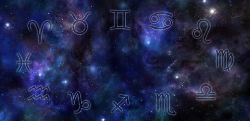 Wall Mural - the twelve celestial signs of the zodiac night sky - beautiful dark blue cosmos background with 12 a