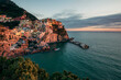 view of the town of manarola by the sea in italy at sunset
