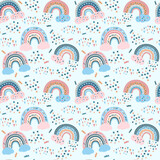 Fototapeta Boho - Pink and blue rainbows on the clouds. Bright print for fabric, packaging, digital paper. Childish design of seamless pattern of funny rainbows.