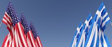Flags Of The United States And Greece On Flagpoles On Sides. Six Flags On A Blue Background. Place For Text. United States Of America. Athens. 3D Illustration.