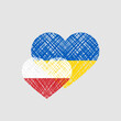 © Monika - Polska pomoc Ukrainie. Łączące się serca w kolorach flag Polskiej i Ukraińskiej na szarym tle. Wsparcie dla Ukrainy. Pomoc humanitarna.