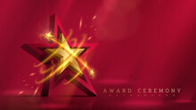 3d Gold Star With Glitter Light And Fire Effect Decoration And Bokeh Element And Beam. Luxury Award Ceremony Background Concept.