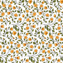 Romantic Floral Print, Seamless Pattern With Small Yellow Flowers, Fresh Leaves, Tiny Twigs Scattered On A White Background. Liberty Botanical Background With Painted Plants. Vector Illustration.