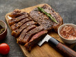 Grilled top sirloin or cup rump beef meat steak on wooden board.Picanha, traditional Brazilian barbecue