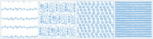 Blue And White Country Style Seamless Pattern With Primitive Doodle Flowers, Leaves And Abstract Tiles For Farmhouse Kitchen Or Bedding Textile. 