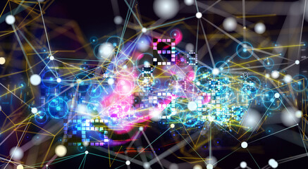 Neural network 3D illustration. Big data and cybersecurity