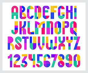 Poster - Children colorful geometric font vector alphabet, kid play game typeset, original letters can be used for logo creation, uppercase and numbers.