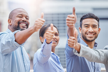 Sticker - Your happiness is our priority. Shot of a group of businesspeople showing a thumbs up against a city background.