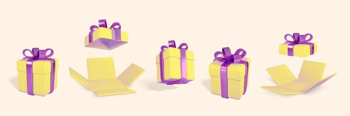 Wall Mural - 3D realistic yellow gift boxes with shiny purple bow and ribbon. Paper boxes isolated on light background. Vector illustration