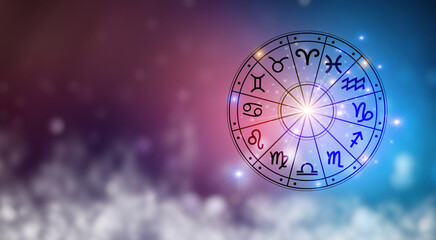 Zodiac signs inside of horoscope circle. Astrology in the sky with many stars and moons  astrology and horoscopes concept