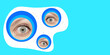 Creative design. Beautiful wide-open female eyes looking in multicolored circles isolated over blue background