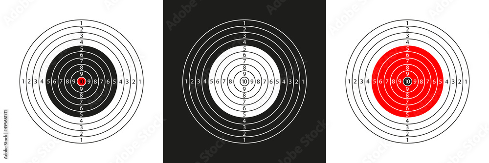 Target shoot. Gun shooting range. Target with numbers, bullseye and aim. Background for sport shooting. Isolated icon for rifle, pistol, sniper and army practice. Vector