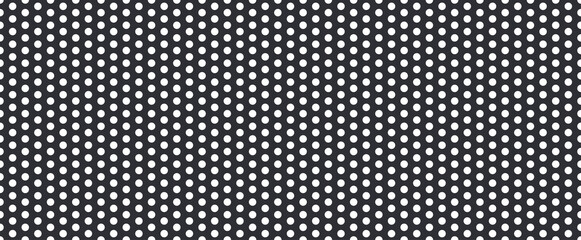 Metal mesh. Pattern of perforated metal. Black mesh texture. Perforated steel. Circle hole in steel plate. Iron sieve. Seamless background. Vector