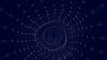 Poster - Abstract swirling wireframe tunnel. Futuristic wormhole. Space background with connecting dots. Blue tunnel grid. Concept of internet web. 3d rendering.