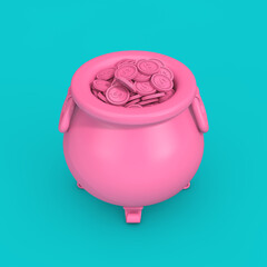 Blue Iron Cauldron Pot full of Money Coins in Duotone Style. 3d Rendering