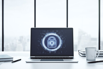 Poster - Modern computer monitor with creative lock hologram and chip. Information security concept. 3D Rendering
