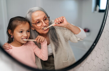 Wall Mural - Senior grandmother and granddaughter standing indoors in bathroom, brushing teeth in morning.