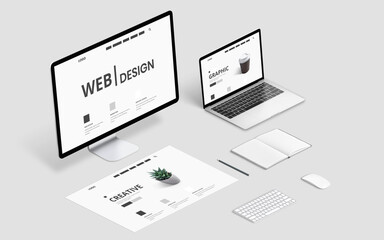 Leinwandbilder - Isometric web design studio desk with computer display, laptop and concept page layout
