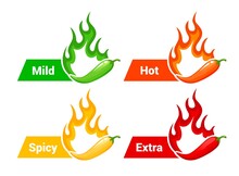 Hot Spicy Level Labels With Fire Flames And Peppers, Mild, Medium And Extra Hot Spicy Vector Scale. Food Spicy Taste Level Icons With Burning Flame Of Chili Pepper, Jalapeno Or Tabasco Sauce