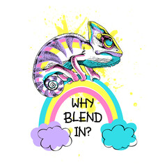 Bright Chameleon on the rainbow. Humor card, T-shirt composition, hand drawn style print. Vector illustration.