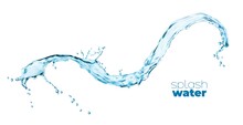 Isolated Transparent Blue Water Wave Splash Of Blue Long Flow With Drops, Realistic Vector. Splashing Water Spill Or Pour Wave With Splatters Of Clean Pure Aqua And Fresh Crystal Drink Droplets