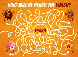 Aufkleber - Labyrinth maze with cartoon cookies, sweets and desserts, vector kids puzzle game. Labyrinth maze worksheet riddle to reach finish road for donut, muffin cupcake or cookie and chocolate biscuit
