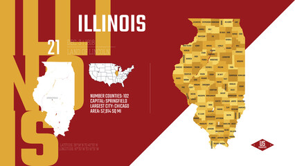 Wall Mural - 21 of 50 states of the United States, divided into counties with territory nicknames, Detailed vector Illinois Map with name and date admitted to the Union, travel poster and postcard