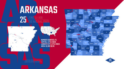 Wall Mural - 25 of 50 states of the United States, divided into counties with territory nicknames, Detailed vector Arkansas Map with name and date admitted to the Union, travel poster and postcard