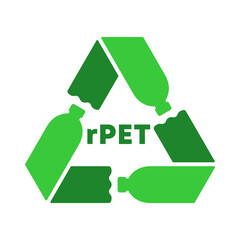 Recycled PET bottles sign or symbol. Recycle sign arrows formed with three green plastic bottles. Products from 100% recycled materials. Reusable polyester fiber. Vector illustration, flat, clip art. 