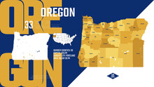 33 Of 50 States Of The United States, Divided Into Counties With Territory Nicknames, Detailed Vector Oregon Map With Name And Date Admitted To The Union, Travel Poster And Postcard
