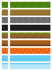 Poster - Cubic pixel game level surfaces of water, ice and ground, stone and grass, 8 bit vector. Sand, lava magma and coal or granite blocks of 8 bit pixel cubic for arcade game platforms and level background