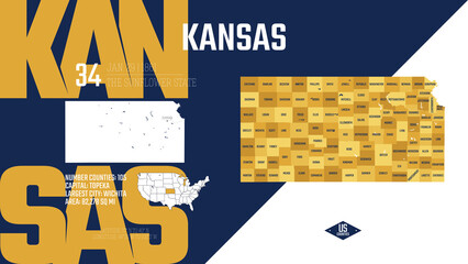 Wall Mural - 34 of 50 states of the United States, divided into counties with territory nicknames, Detailed vector Kansas Map with name and date admitted to the Union, travel poster and postcard