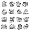 Cuba isolated vector icons of Cuban travel and tourism design. Maracas, cigar, rum and guitar, palm tree, coffee, cane sugar and Caribbean beach, coat of arms, flag and map of Cuba monochrome symbols