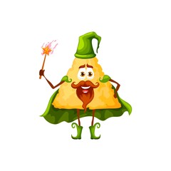 Cartoon Mexican nachos wizard character, magician or sorcerer with magic wand, vector kids personage. Funny nachos chip as fairy tale magician or warlock mage with in magic cape and witch hat