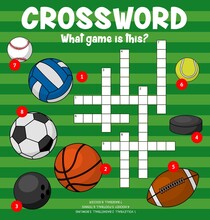 Sport Balls, Crossword Puzzle Worksheet To Find Word, Vector Quiz Game Grid. Kids Education Riddle Crossword To Guess Balls Of Volleyball, Basketball Or Bowling, Hockey And Football Soccer Or Tennis