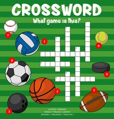 Poster - Sport balls, crossword puzzle worksheet to find word, vector quiz game grid. Kids education riddle crossword to guess balls of volleyball, basketball or bowling, hockey and football soccer or tennis