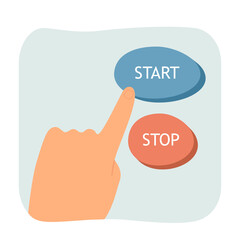 Poster - Hand pushing stop or start buttons flat vector illustration. Fingers touching or pressing red and blue buttons, starting process. Beginnings concept for banner, website design or landing web page