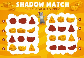 Poster - Cartoon cheese and mouse shadow match game worksheet. Kindergarten kids silhouette compare game, children logical riddle or vector intelligence quiz with cute mouse or rat holding swiss cheese pieces
