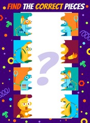 Poster - Find the correct piece of cartoon funny robots kids game vector worksheet. Matching puzzle, education quiz game with task of find and match two halves of cute mechanical robot, droid, bot characters