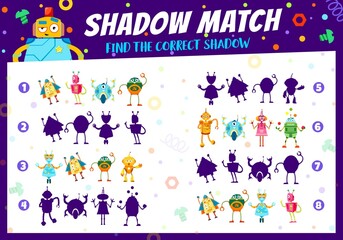 Poster - Cartoon mechanic robots on kids shadow game worksheet. Kids educational playing activity, shadow compare game or children logical riddle with finding correct shadow. Child intelligence vector puzzle